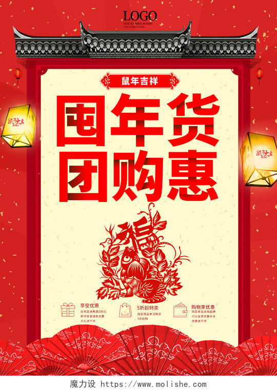 红色创意大气中国风鼠年囤年货团购惠海报年货节